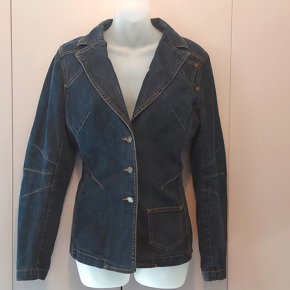 Bisou Bisou by Michele Bohbot Dark Blue Denim Motorcycle Style Jacket Size 12